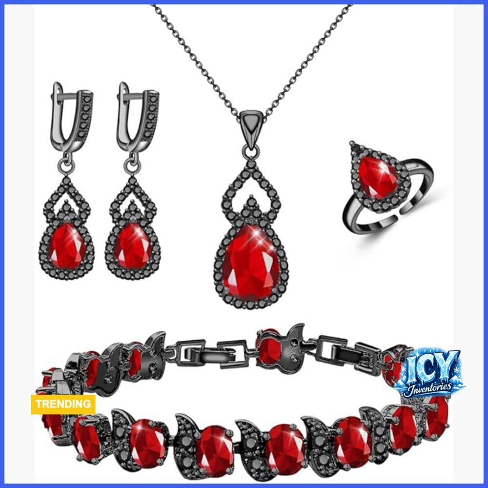 18k Black Gun Gold Plated Jewelry Set with Created Ruby and Cubic Zirconia